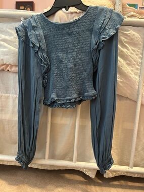 HYFVE Blue Smocked Ruffle Long-Sleeve Crop Top
